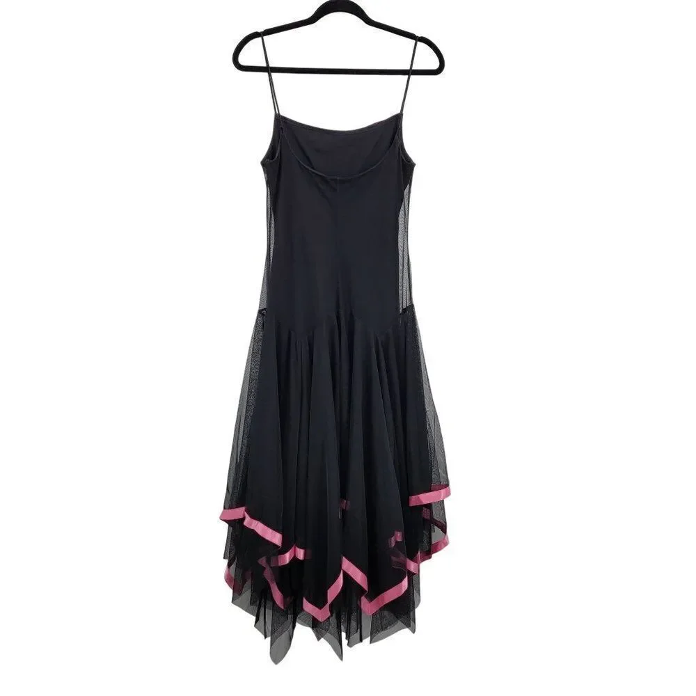 Vintage 90s Midi Dress M Black Mesh Overlay Pink Ribbon Trim Scarf Hem Goth - Picture 9 of 13